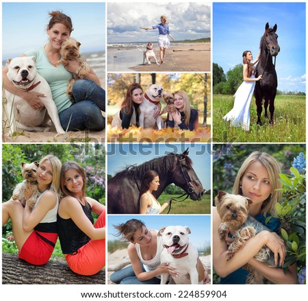 collage with beautiful women and animals