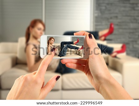Hands talking photo of beautiful woman with smartphone