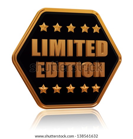 limited edition - 3d black golden hexagon button with text and five stars, business concept