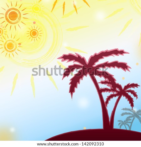 abstract summer background with drawn yellow suns and brown palms