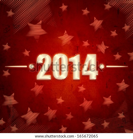 new year 2014, abstract red background with figures and illustrated striped stars, retro style holiday card