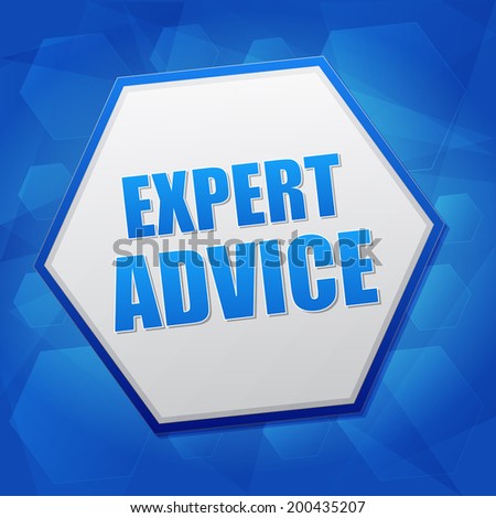 expert advice - business consult concept word in hexagon over blue background, flat design
