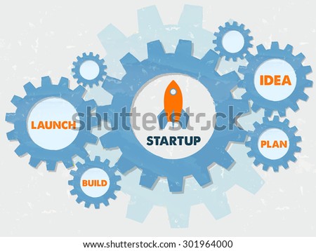 start up, launch, build, idea, plan - business development concept words - orange text in blue grunge flat design gear wheels