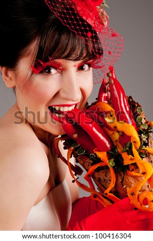 Creative Bride, body art, with a bouquet of flowers, red pepper, a girl in a red, red eyelashes, brunette, with his hands, orange peel, cloves, creativity