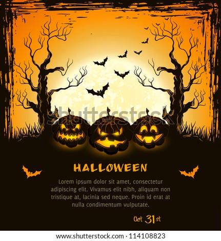 Orange grungy halloween background with scary pumpkins, full moon, trees and bats.  Vector Illustration.