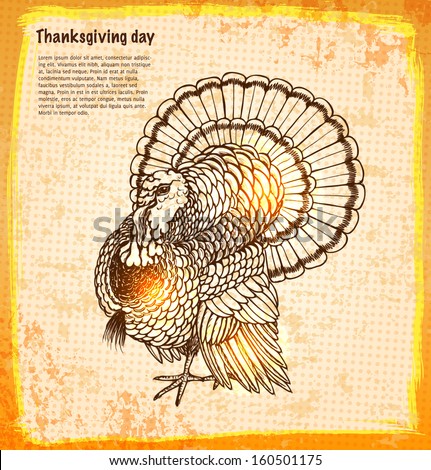 Roast turkey for holiday dinner in a sketch style. Orange card for Thanksgiving day. Vector illustration.