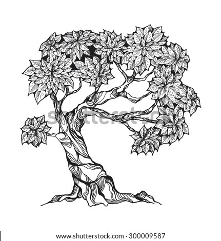Gnarled tree with leaves in a stylized style.