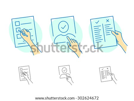 Search, compare, comment icons. Outline vector icon set. Hand with a pen and sheet of paper.