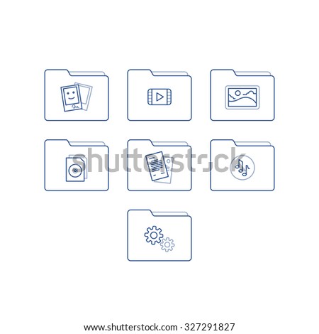 Vector digital files icons. Outlined photo, video, audio and system files signs.