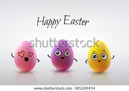 Easter Card Design Set Of Realistic Eggs On White Background Smiling Doodle Characters