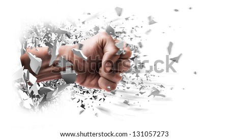 concept. power fist coming out of cracked ground isolated on white background