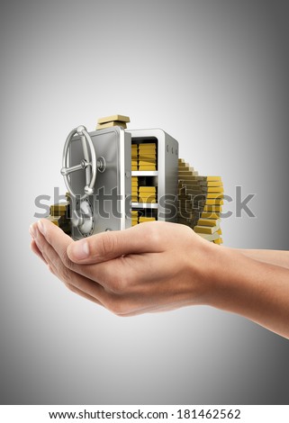 Man hand holding object ( steel safe )  High resolution