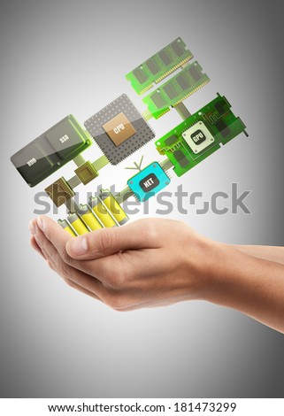 Man hand holding object ( processor, memory, video, network, batteries, inside ) High resolution