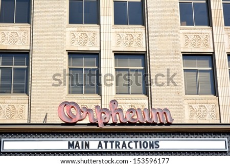 SIOUX CITY IOWA-SEPTEMBER 10th, 2013: View of the Orpheum Theater marquee in downtown Sioux City, Iowa.
