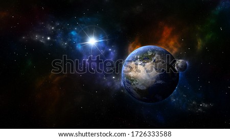 Digital Generated Earth and Moon Scene on Nebulae Background