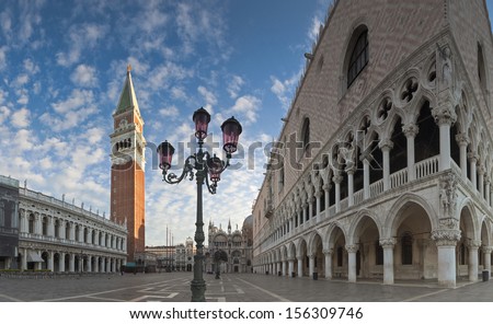 St Mark\'s Square, Venice. Doges Palace, Campanile, Liberia Sansoviniana and Basilica di San Marco all visible.