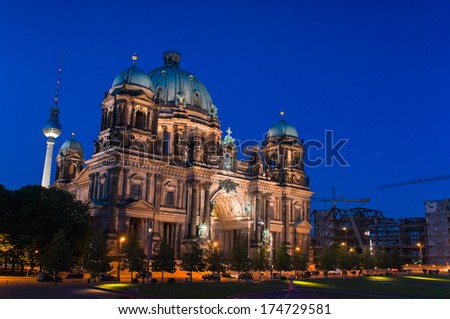 The mighty Berlin cathedral and Altes Museum (1823) illuminated at night in central Berlin, Germany. Stitched panoramic image, detailed when viewed large.
