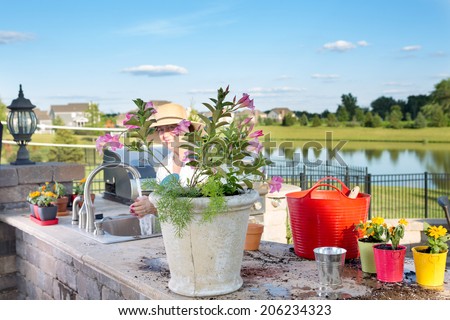 Elderly lady tending to her flowering ornamental houseplants standing at the sink in her summer kitchen on an outdoor patio watering and repotting them into larger planters