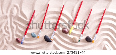 High Angle View of Music Staff with Treble Cleff Drawn Into Sand and Paintbrushes and Stones for Music Notes, Creating Music on Beach with Nature and Artistic Inspiration