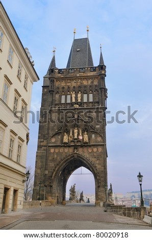 Bridge tower at one end of Charles bridge on Vltava river in Prague,Czech Republic