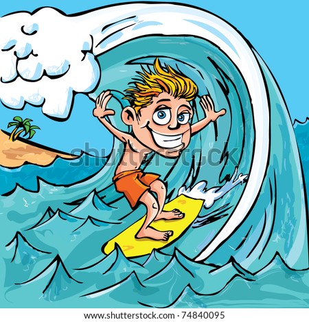 Cartoon boy surfing a wave in the sea