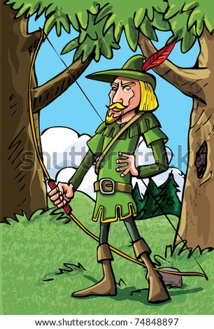 Cartoon Robin Hood In The Woods.He Has A Bow And Quiver Full Of Arrows ...