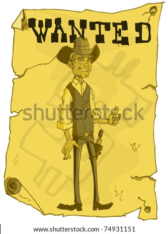 Cartoon Wanted Poster Of A Cowboy. Yellowed With Age Stock Vector ...