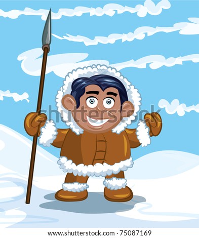 Cartoon Eskimo With A Spear And A Fish. Blue Sky And Snow Behind Stock ...