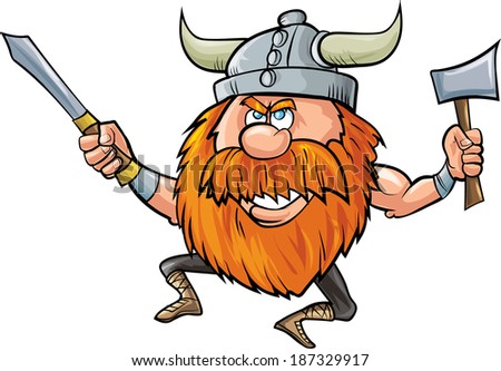 Jumping Cartoon Viking With Sword And Axe Stock Vector Illustration ...