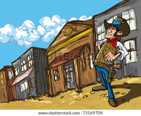 Cartoon cowboy in a western old west town looking down the street