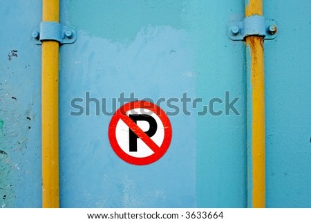 A blue and yellow metal background with a no parking-sign