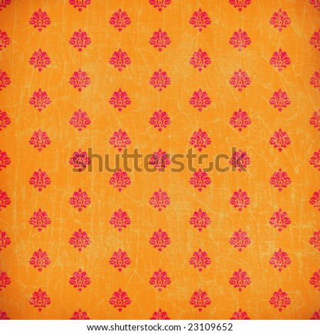 Weathered trendy orange damask wallpaper with spots