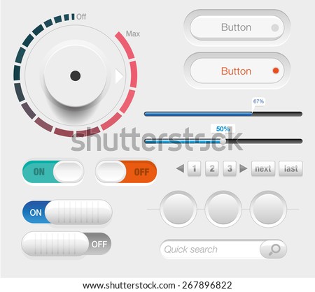 Light Square UI Controls Web Elements Part 3: Buttons, Switchers, On, Off, Slider, Volume, Search and Loading Bar