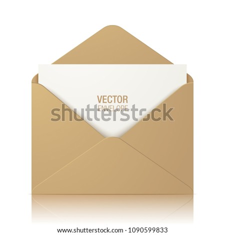 Craft paper vector envelope, isolated on a white glossy background. Realistic brown opened envelope standing on a surface.