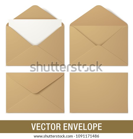 Set of kraft paper vector envelopes in different views, isolated on a white background. Realistic brown vector envelope mockups.