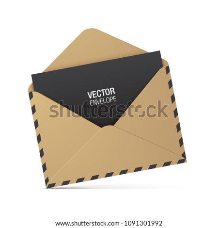 Brown kraft paper vintage style opened envelope, with black dashed strokes and letter, standing on a white surface. Vector envelope mockup.