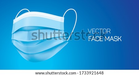 Surgical blue face mask, vector illustration. Virus protection medical mask, isolated on blue gradient background in a side view. Disease protective disposable mask with elastic ear loop band.