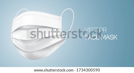White surgical face mask, vector illustration. Virus protection medical mask, isolated on gray gradient background in a side view. Disease protective disposable mask with elastic ear loop band.