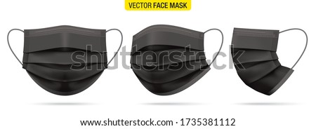 Surgical face mask vector illustration. Black medical protective masks, from different angles isolated on white. Corona virus protection mask with ear loop, in a front, three-quarters, and side views.