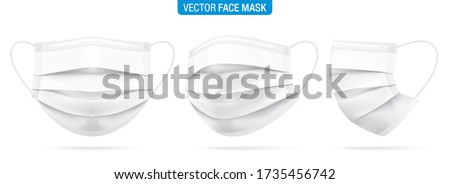 Surgical face mask vector illustration. White medical protective masks from different angles, isolated on white. Corona virus protection mask with ear loop, in a front, three-quarters, and side views.