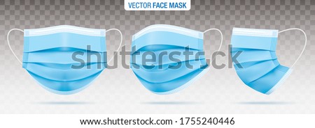 3 ply surgical face masks isolated on a transparent background. Vector set of disposable blue medical masks. Corona virus protection mask with ear loop, in a front, three-quarters, and side views.