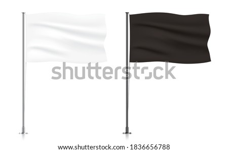 Set of white and black waving flag templates. Blank horizontal flags hanging on a metallic pillar, isolated on a white background. Realistic vector flag mockup.
