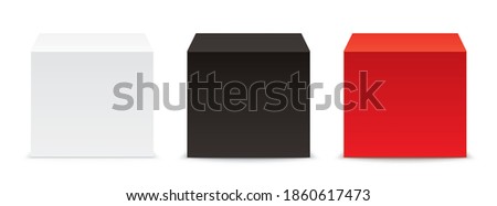 Set of white, black, and red cubes isolated on a white background. Realistic editable vector cube, in front isometric view. Square 3D box for object placement, or product presentation, isolated.