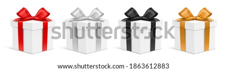 Vector gift box set. Realistic gift boxes, with red, white, black, and golden satin bows. Square form gift box, in front view, standing on a surface. Holiday present box, tied with wrapping ribbon.