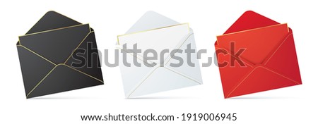 Set of black, white, and red envelopes with the letter, and golden details. Realistic envelope vector mockup with a greeting, or invitation card inside with copy space, isolated on a white background.