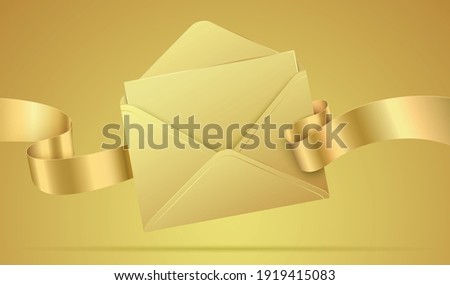 Golden vector envelope mockup. Luxury envelope with the letter, and waving ribbon. Realistic envelope template with celebration, greeting, or invitation card inside, isolated on a golden background.