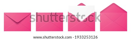 Vector set of realistic pink envelopes in different positions. Folded and unfolded envelope mockup isolated on a white background.