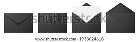 Vector set of realistic black envelopes in different positions. Folded and unfolded envelope mockup isolated on a white background. Сток-фото © 