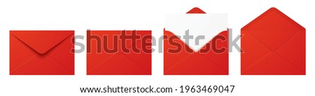 Vector set of realistic red envelopes in different positions. Folded and unfolded envelope mockup isolated on a white background.