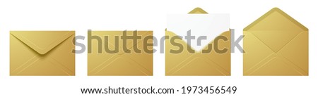 Vector set of realistic golden envelopes in different positions. Folded and unfolded luxury envelope mockup isolated on a white background.